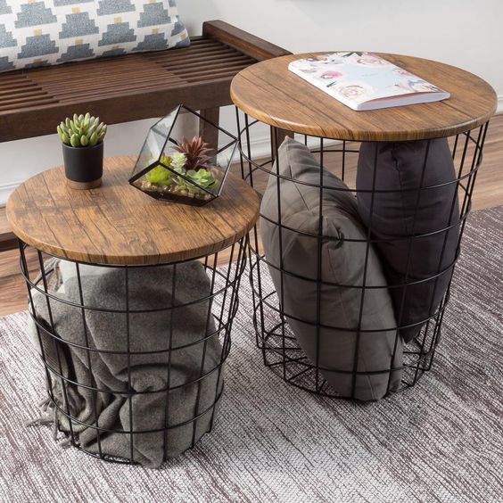 Cesto Decorativo Metalico con Tapa de Madera como mesa de centro