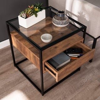 Buró Sky: Buró de metal con vidrio y madera en la recamara