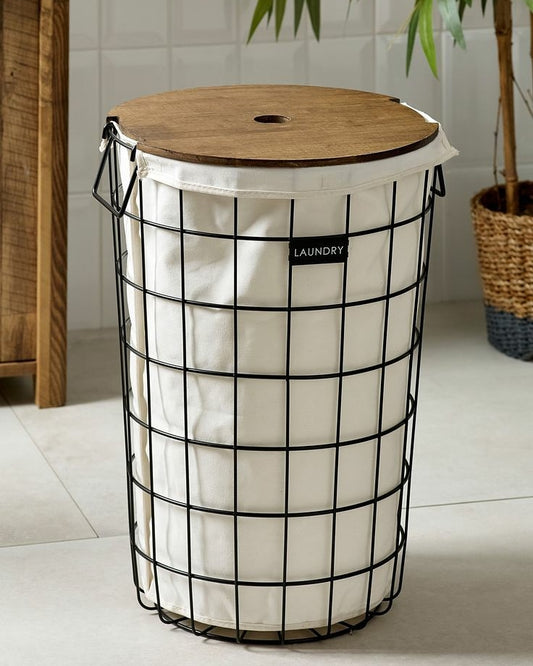 Cesto de lavanderia de metal con funda de tela y tapa de madera 